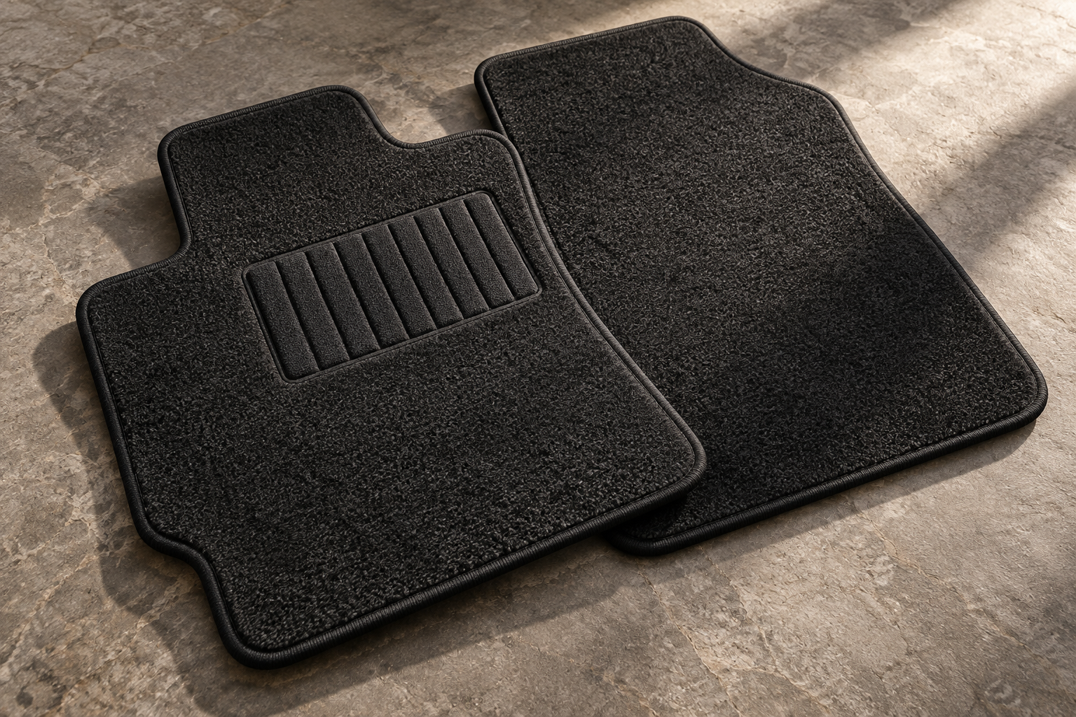 Designvisualisierung: zwei anthrazitfarbene textile Fahrzeug-Fußmatten auf hellem Stein